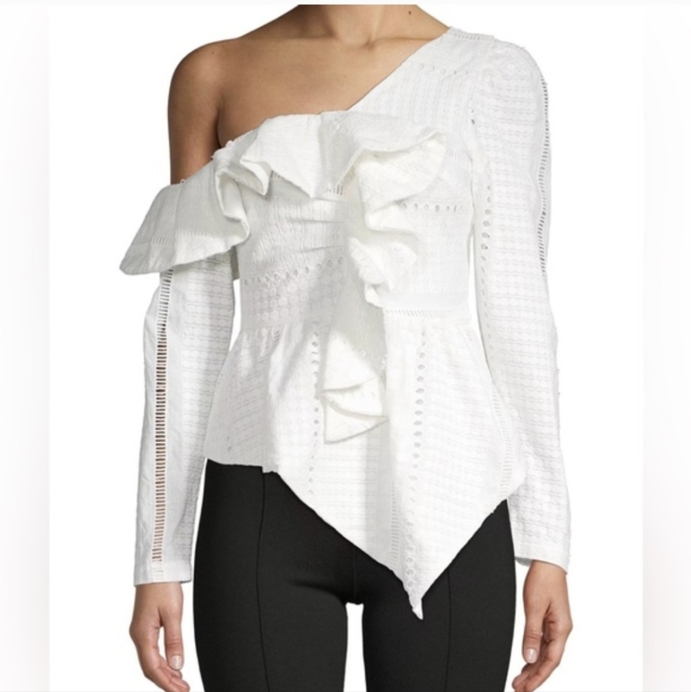 Lea & Viola White Textured Ruffle Blouse